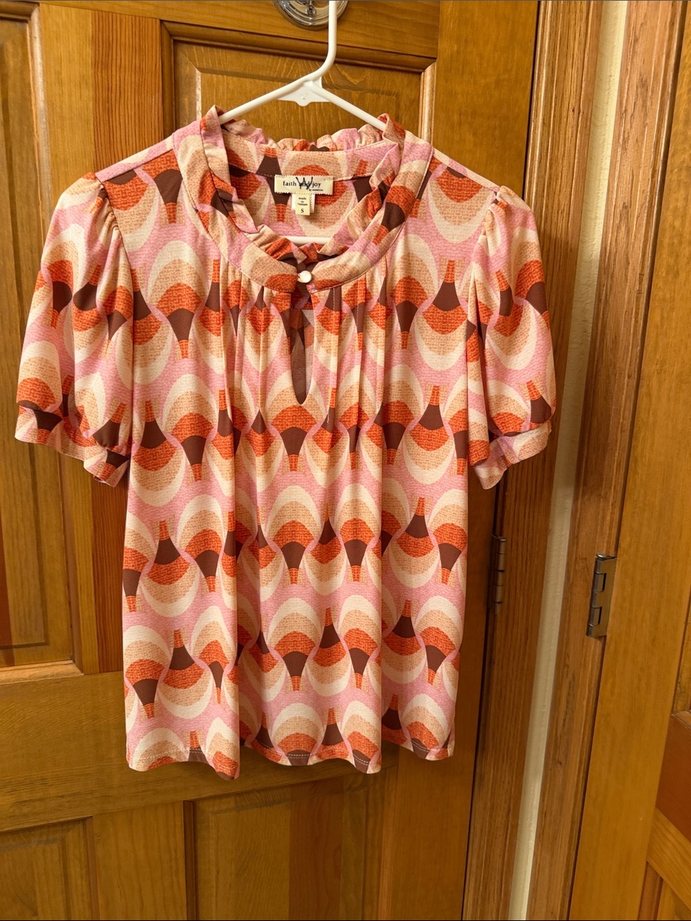 Faith and Joy Pink and Orange Retro Geometric Short-Sleeve Blouse